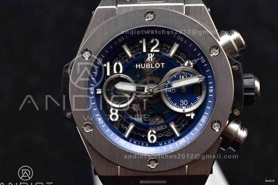 Skeleton A1280 Hublot Unico Blue Bang Titanium ZF on Dial Strap Best Big Blue Edition Rubber 1:1 0321